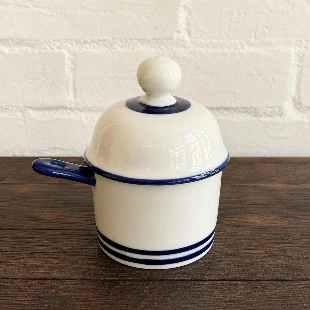 Vintage Dansk Cobalt Blue Stripe Stoneware Mustard Pot with Lid & Spoon Japan